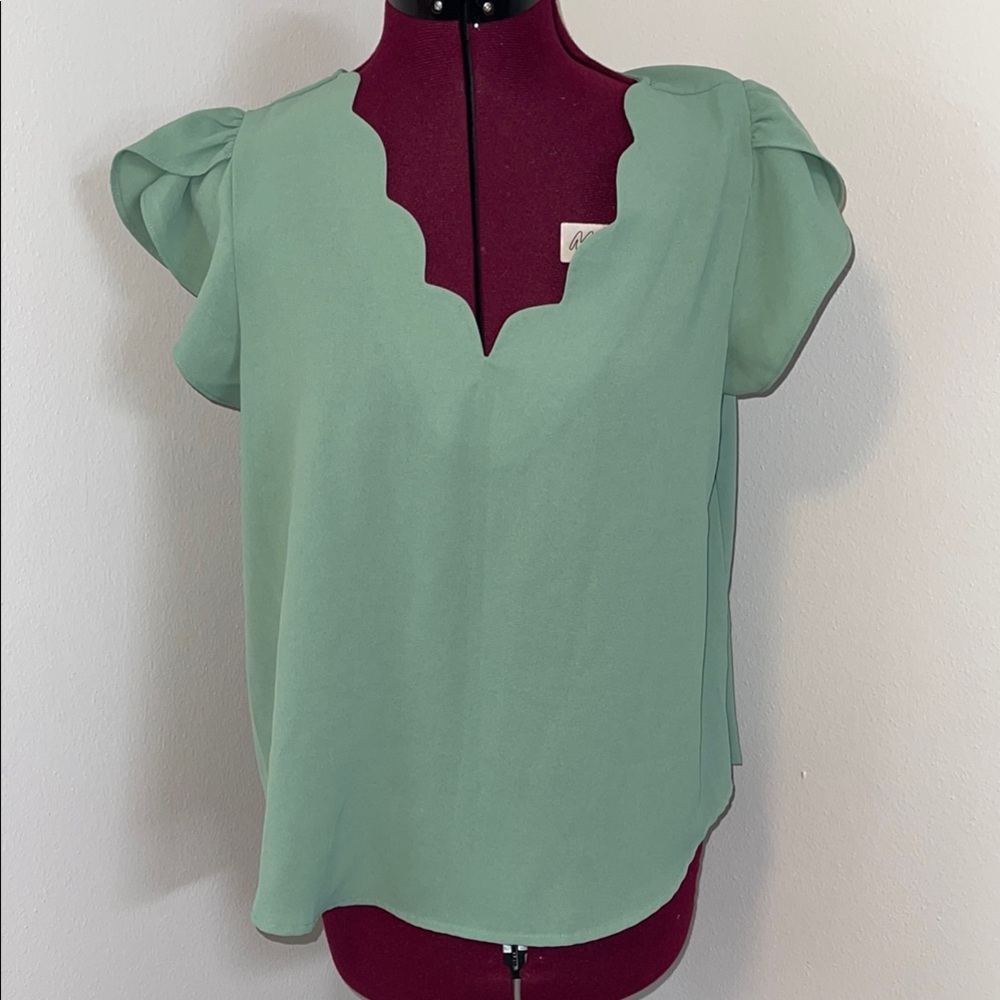 Pink Lily Mint Green Scallop Neck Puff Sleeve Blouse